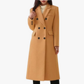 Women's Long Overcoat in Blend Material with Notched Lapels and Double-Breasted Buttons