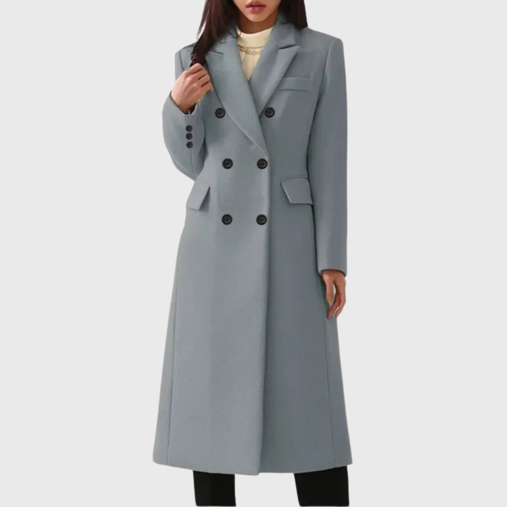 Women's Long Overcoat in Blend Material with Notched Lapels and Double-Breasted Buttons