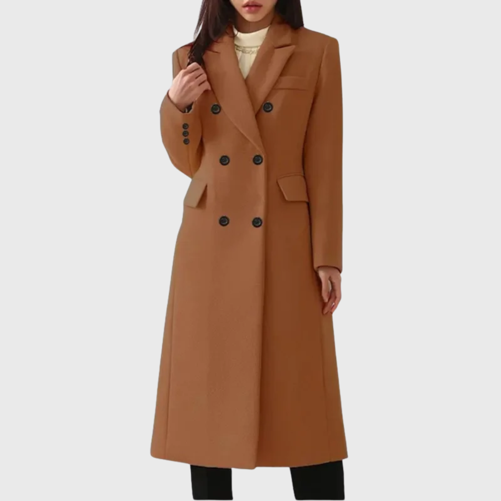 Women's Long Overcoat in Blend Material with Notched Lapels and Double-Breasted Buttons