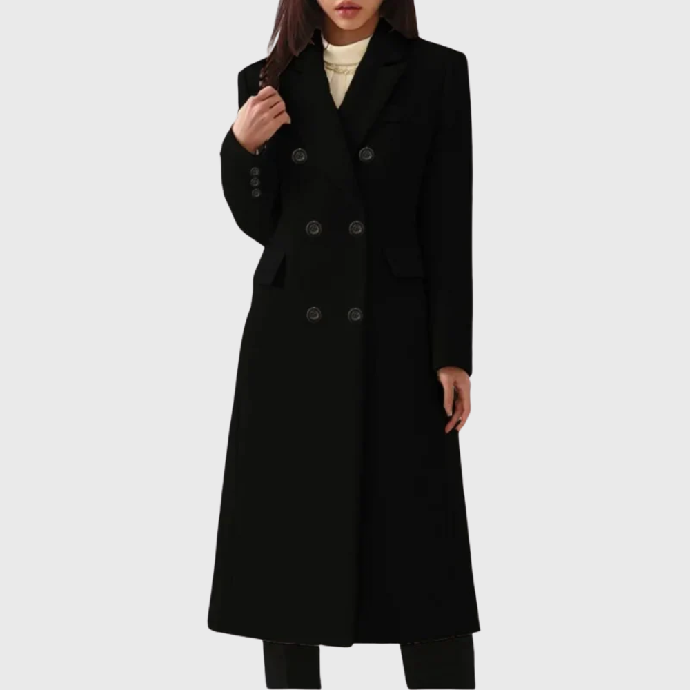 Women's Long Overcoat in Blend Material with Notched Lapels and Double-Breasted Buttons