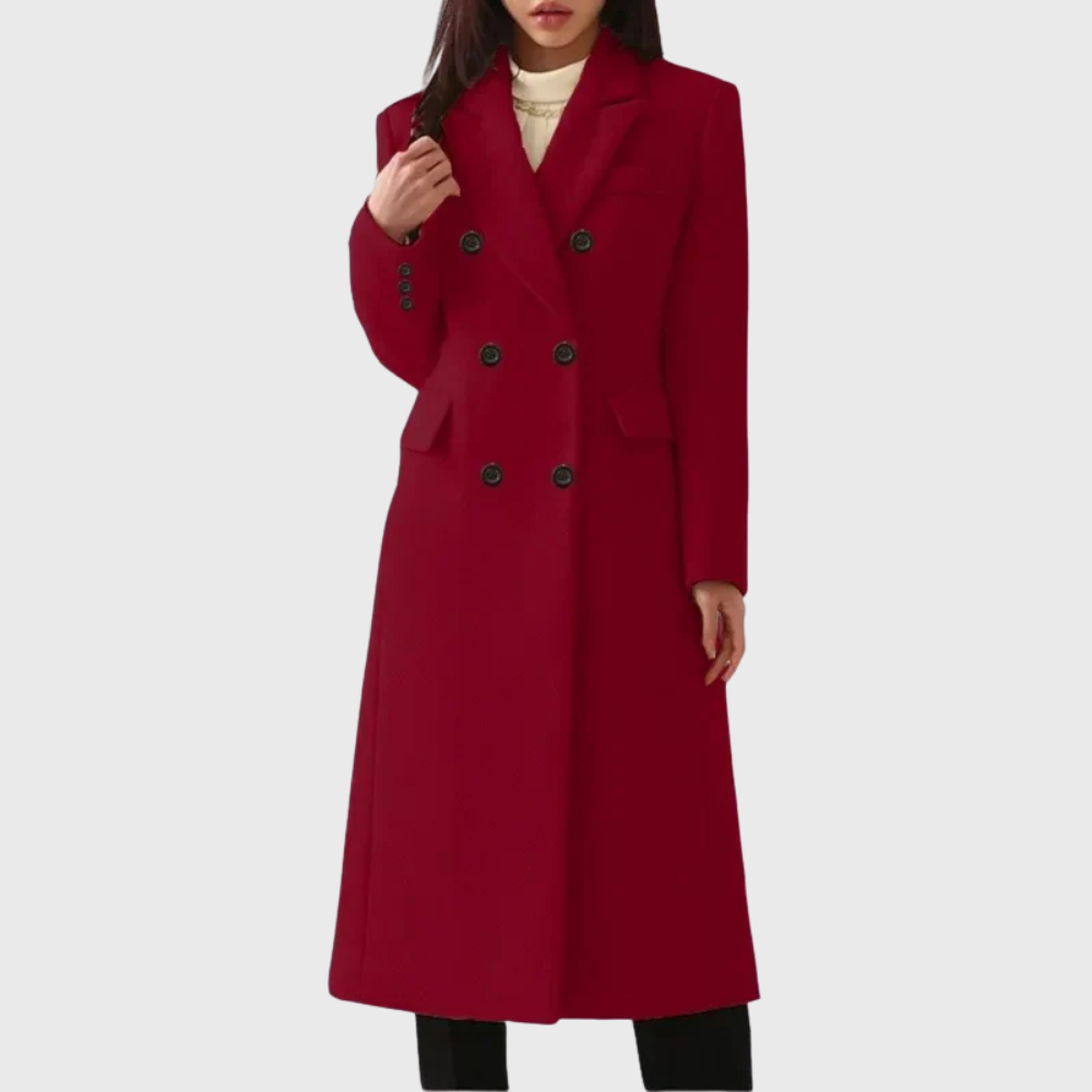 Women's Long Overcoat in Blend Material with Notched Lapels and Double-Breasted Buttons