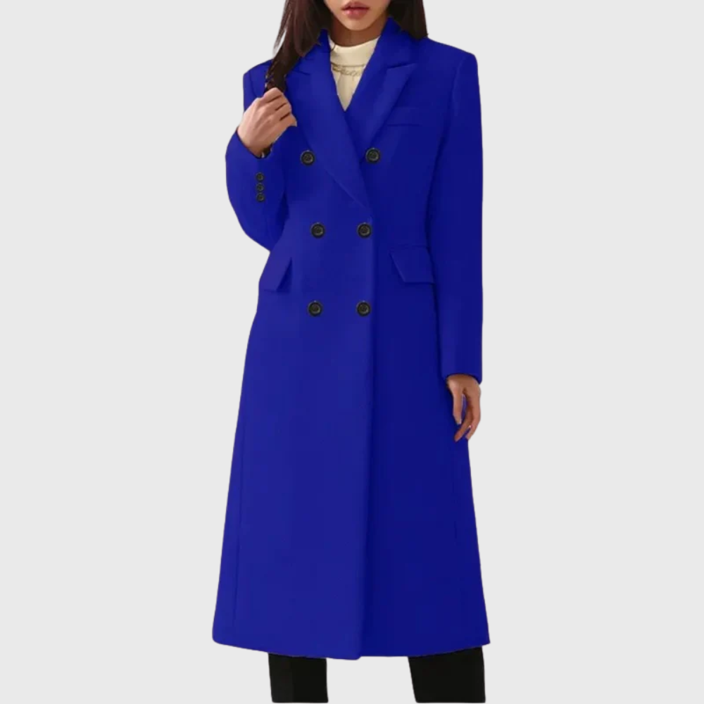 Women's Long Overcoat in Blend Material with Notched Lapels and Double-Breasted Buttons