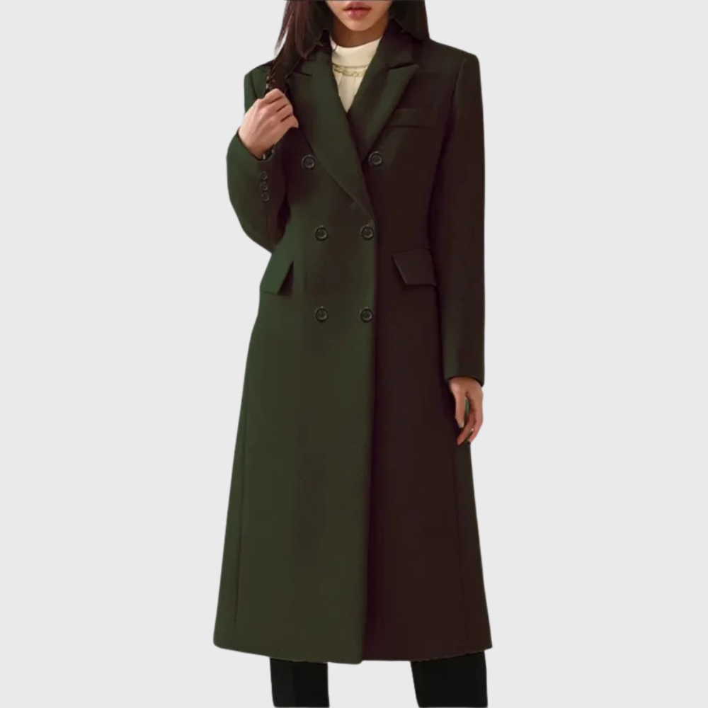 Women's Long Overcoat in Blend Material with Notched Lapels and Double-Breasted Buttons