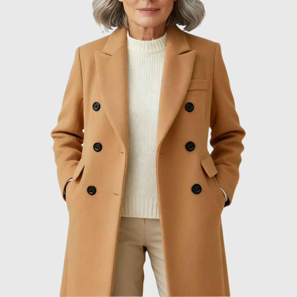 Women's Long Overcoat in Blend Material with Notched Lapels and Double-Breasted Buttons