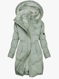 Women's Long Quilted Puffer Jacket with Hood and Zip Placket