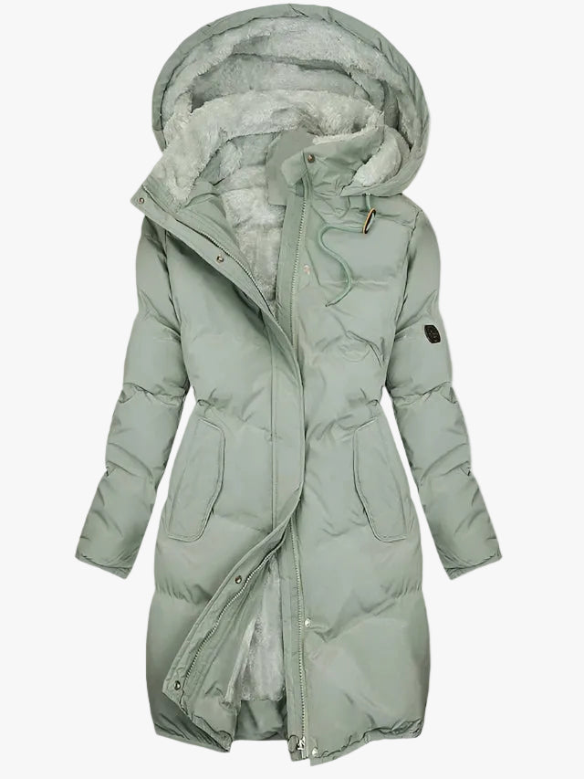 Women's Long Quilted Puffer Jacket with Hood and Zip Placket