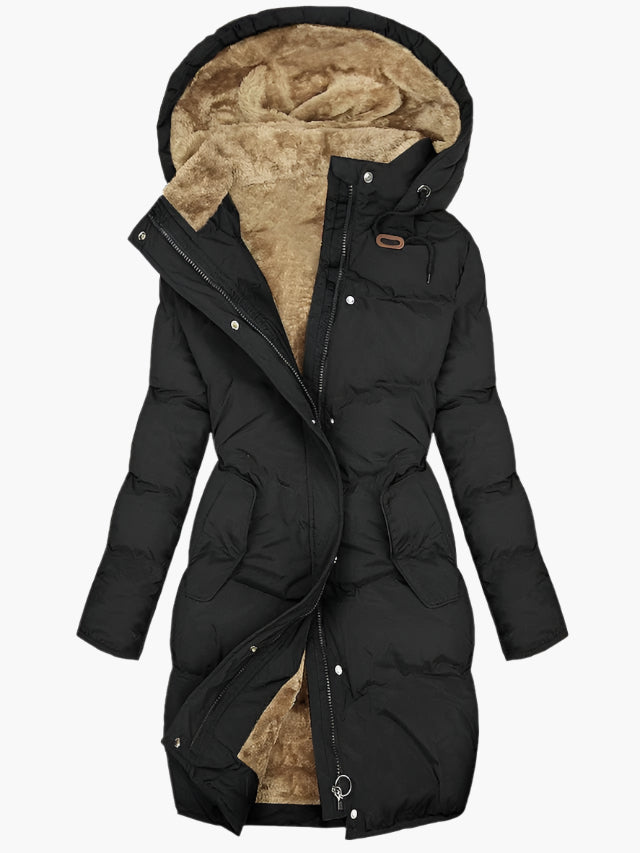 Women's Long Quilted Puffer Jacket with Hood and Zip Placket