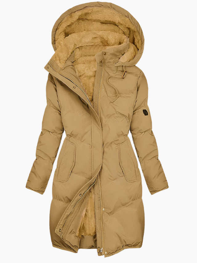 Women's Long Quilted Puffer Jacket with Hood and Zip Placket