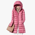 Women's Longline Nylon Puffer Jacket with Hood and Zip Front