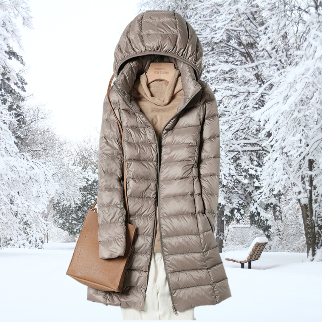Women's Longline Nylon Puffer Jacket with Hood and Zip Front