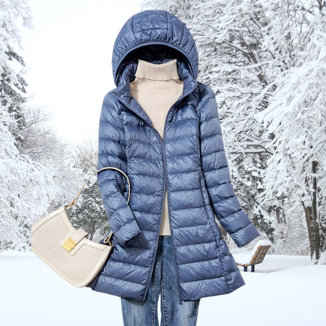 Women's Longline Nylon Puffer Jacket with Hood and Zip Front