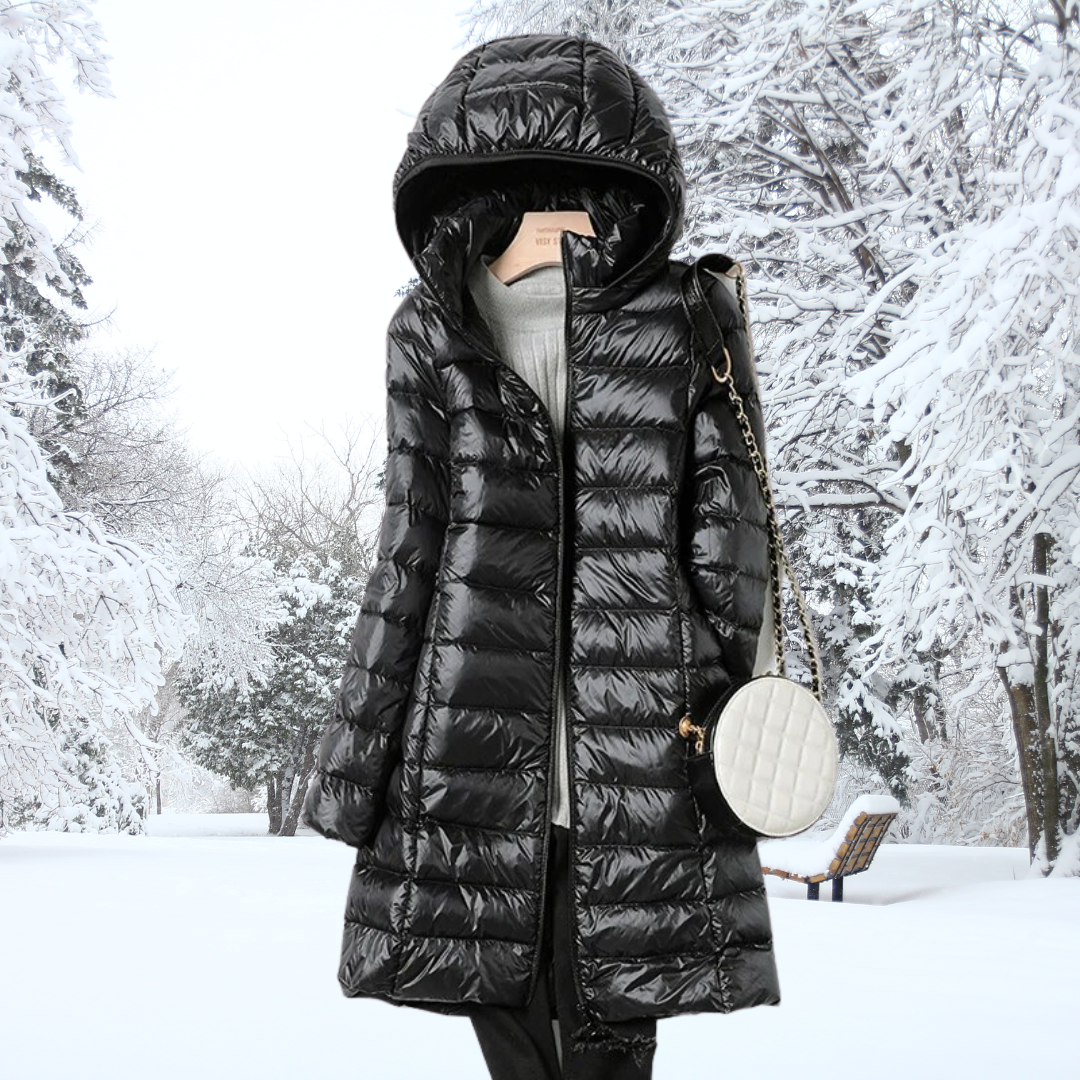 Women's Longline Nylon Puffer Jacket with Hood and Zip Front
