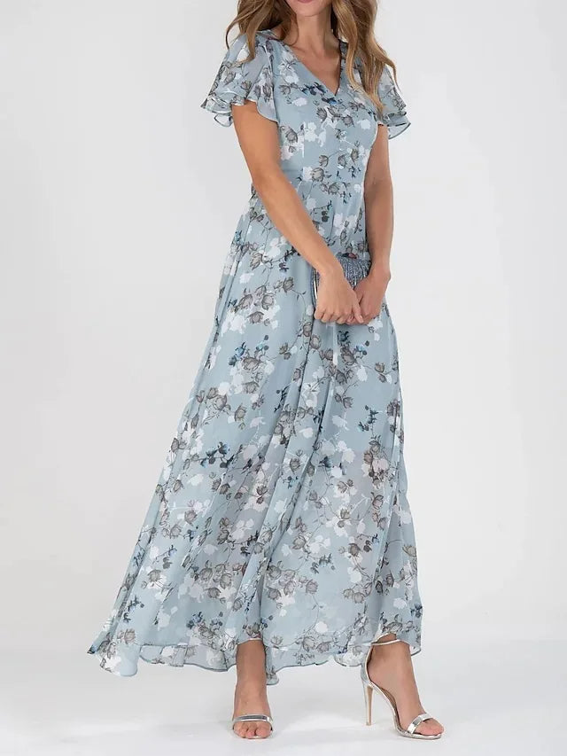 Women's Maxi Dress in Chiffon with V Neck and Flutter Sleeves