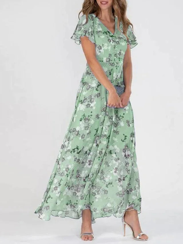Women's Maxi Dress in Chiffon with V Neck and Flutter Sleeves