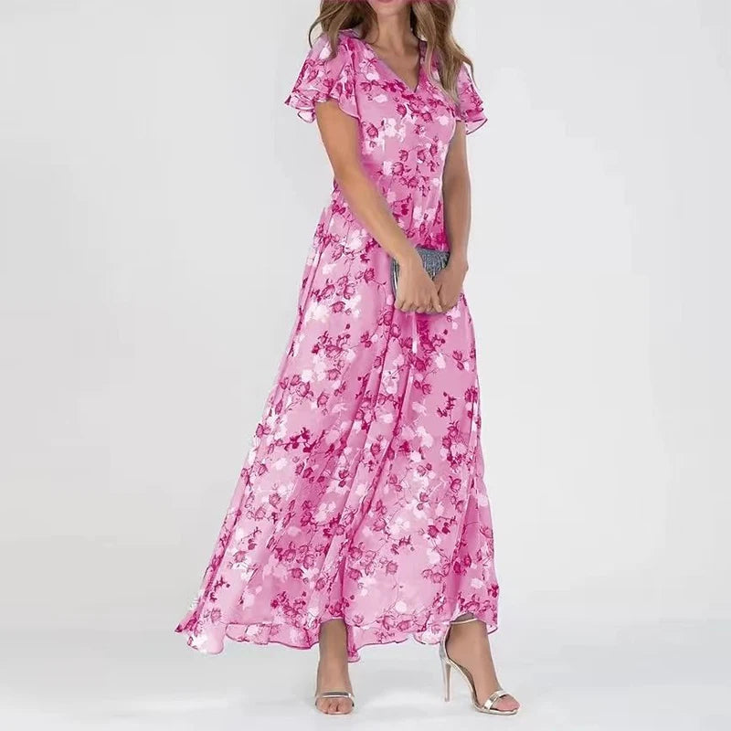 Women's Maxi Dress in Chiffon with V Neck and Flutter Sleeves