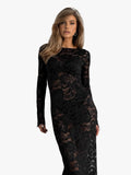 Women's Maxi Dress in Lace with Long Sleeves and Crew Neck