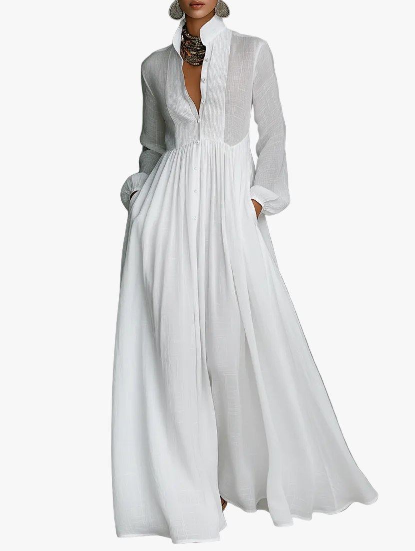 Women's Maxi Linen-Blend Dress with High Collar and Button Front