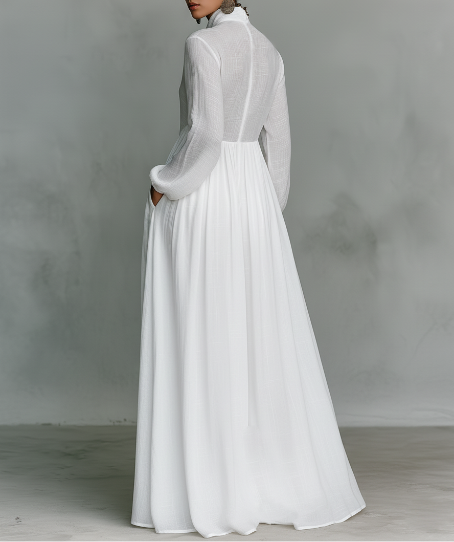 Women's Maxi Linen-Blend Dress with High Collar and Button Front