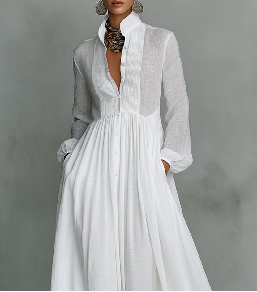 Women's Maxi Linen-Blend Dress with High Collar and Button Front