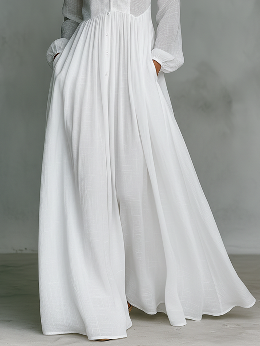 Women's Maxi Linen-Blend Dress with High Collar and Button Front