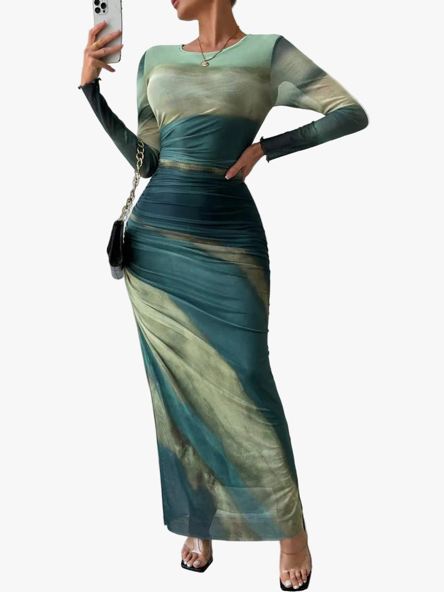 Women's Mesh Maxi Dress with Long Sleeves and Ruched Waist