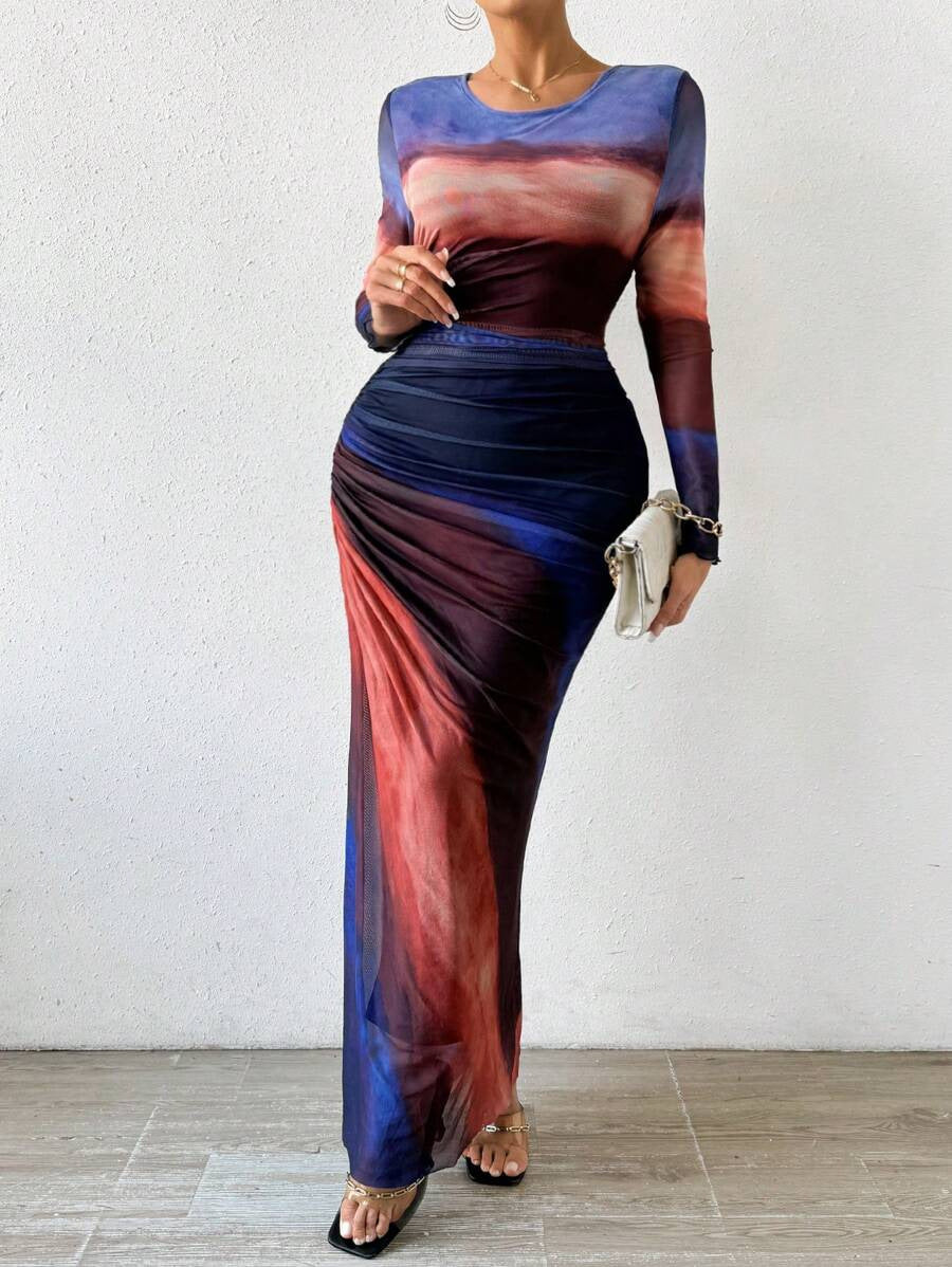 Women's Mesh Maxi Dress with Long Sleeves and Ruched Waist