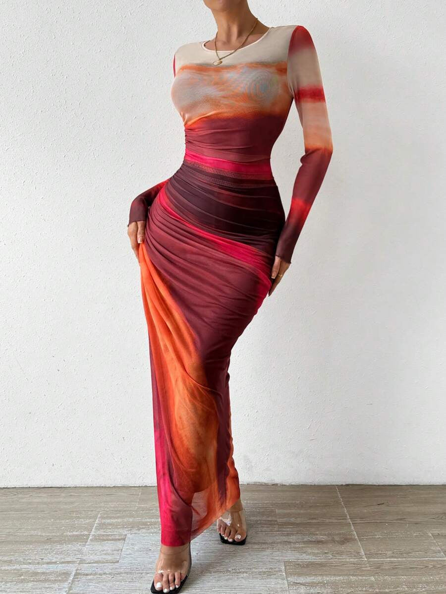 Women's Mesh Maxi Dress with Long Sleeves and Ruched Waist