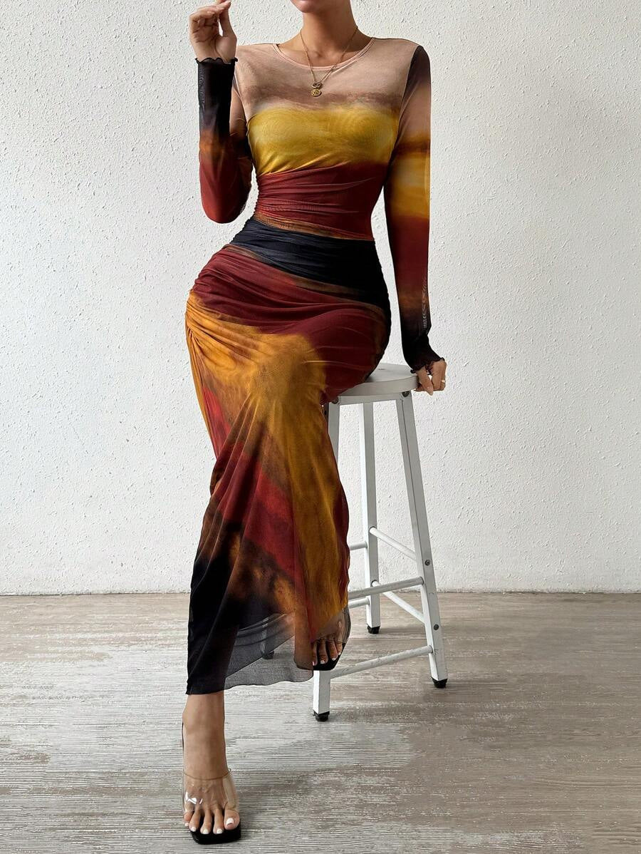 Women's Mesh Maxi Dress with Long Sleeves and Ruched Waist