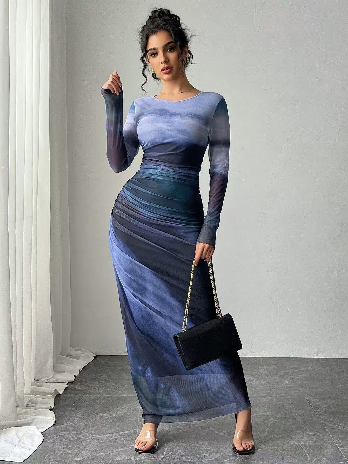 Women's Mesh Maxi Dress with Long Sleeves and Ruched Waist