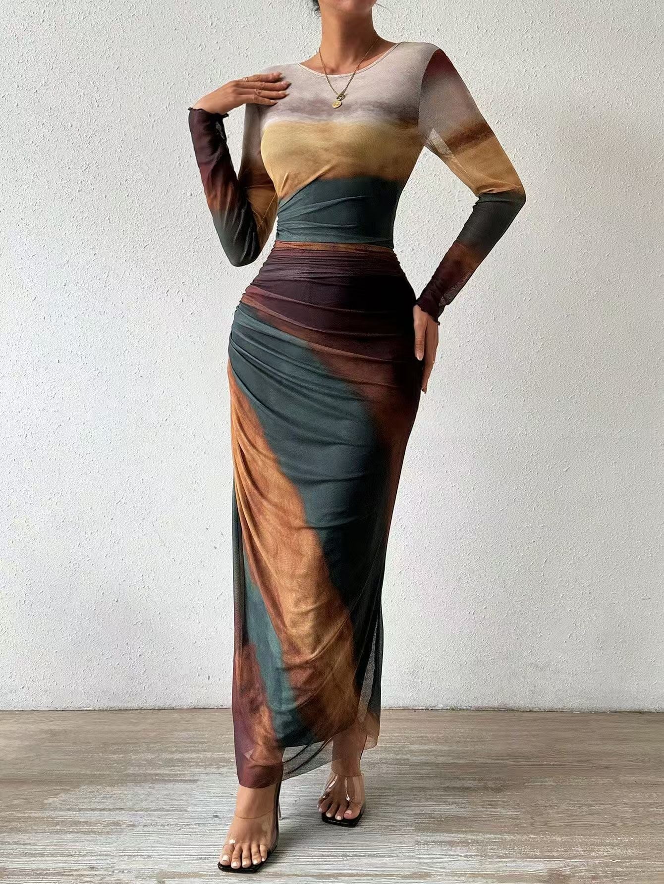 Women's Mesh Maxi Dress with Long Sleeves and Ruched Waist