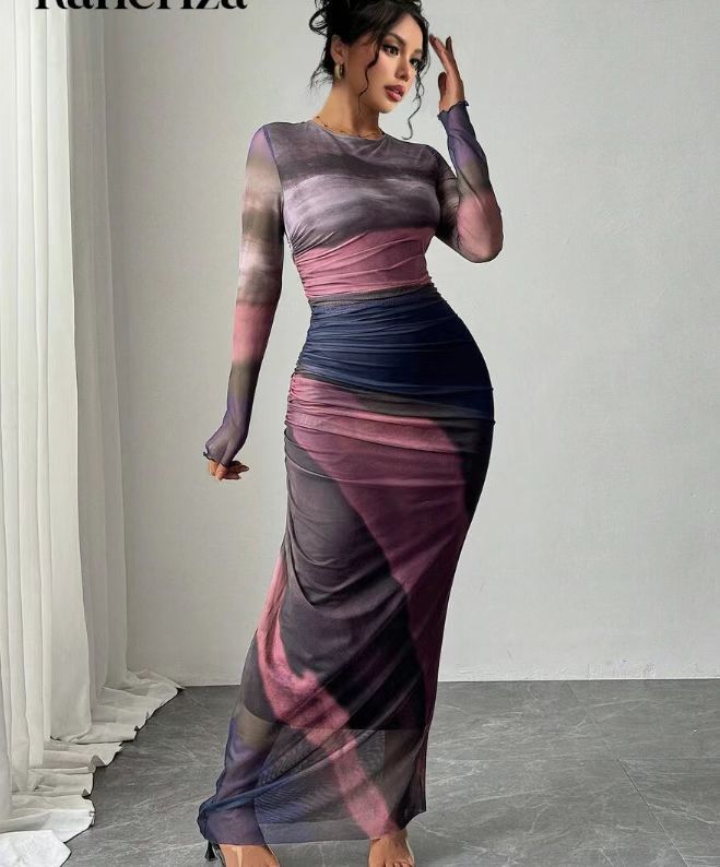 Women's Mesh Maxi Dress with Long Sleeves and Ruched Waist