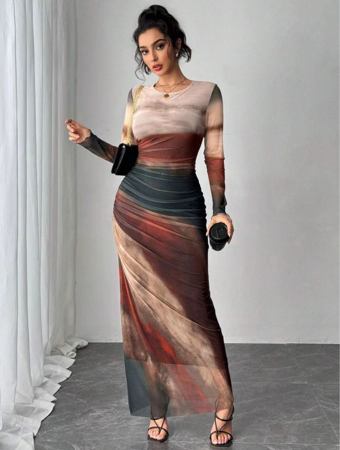 Women's Mesh Maxi Dress with Long Sleeves and Ruched Waist