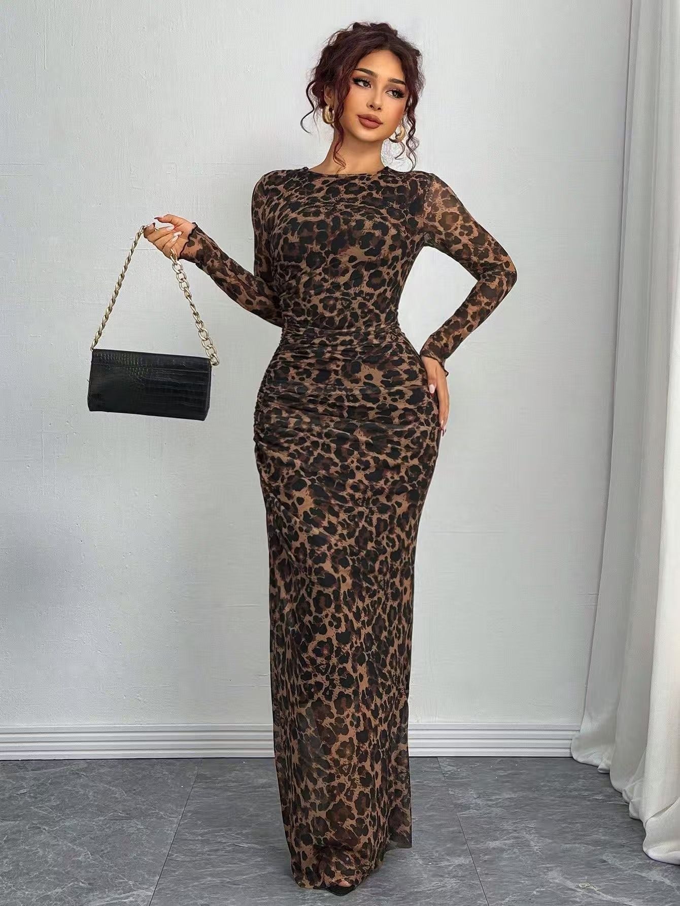 Women's Mesh Maxi Dress with Long Sleeves and Ruched Waist