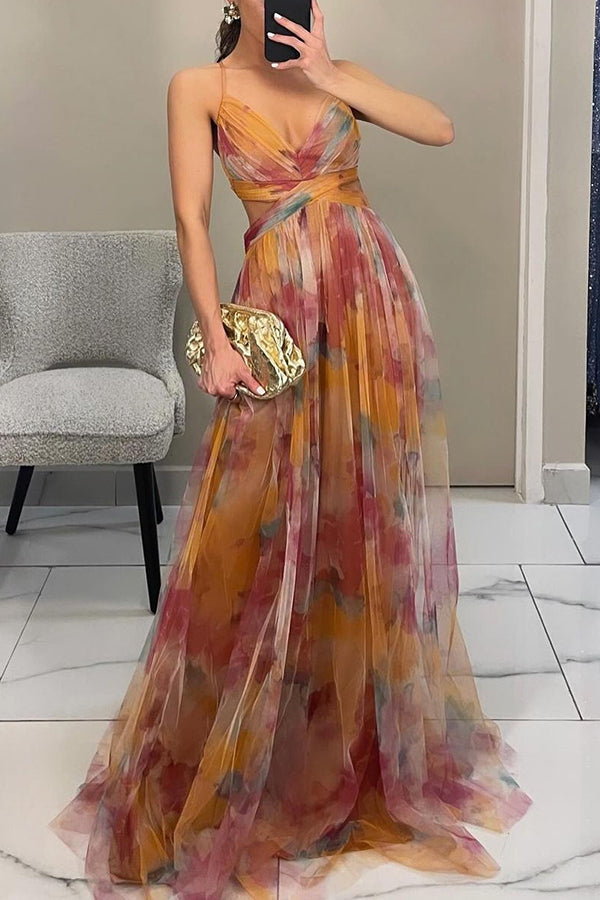 Women's Mesh Maxi Dress with Wrap Bodice and Tie Back