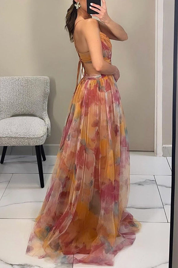 Women's Mesh Maxi Dress with Wrap Bodice and Tie Back