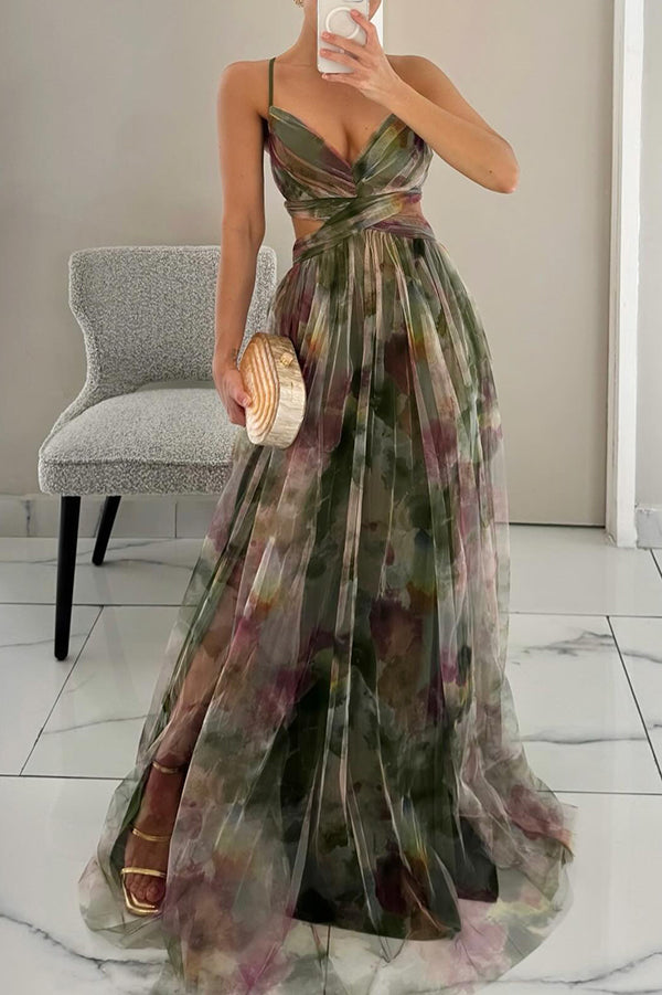 Women's Mesh Maxi Dress with Wrap Bodice and Tie Back
