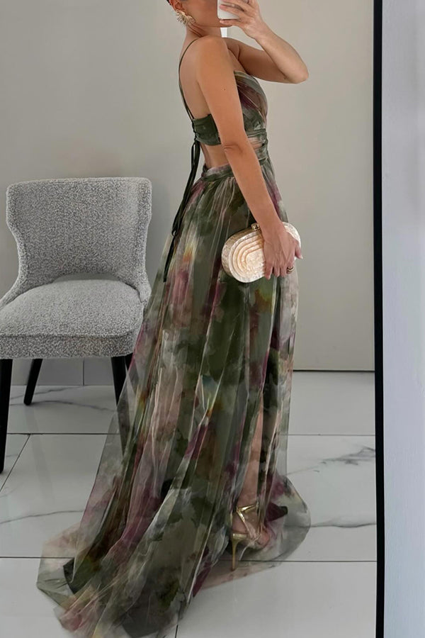 Women's Mesh Maxi Dress with Wrap Bodice and Tie Back