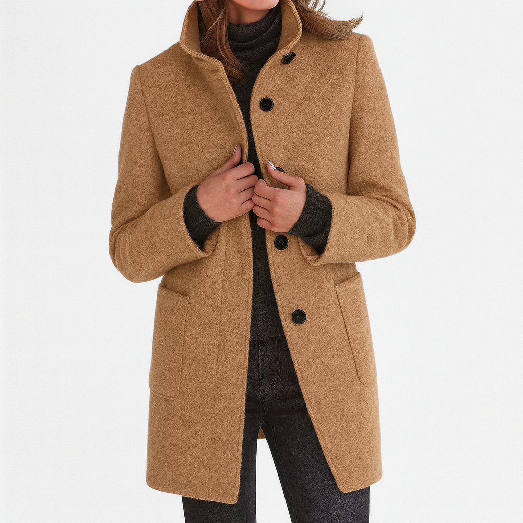 Women's Mid-Length Blend Coat with Stand Collar and Patch Pockets