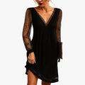 Women's Midi Dress in Mesh with Sheer Sleeves and V Neck