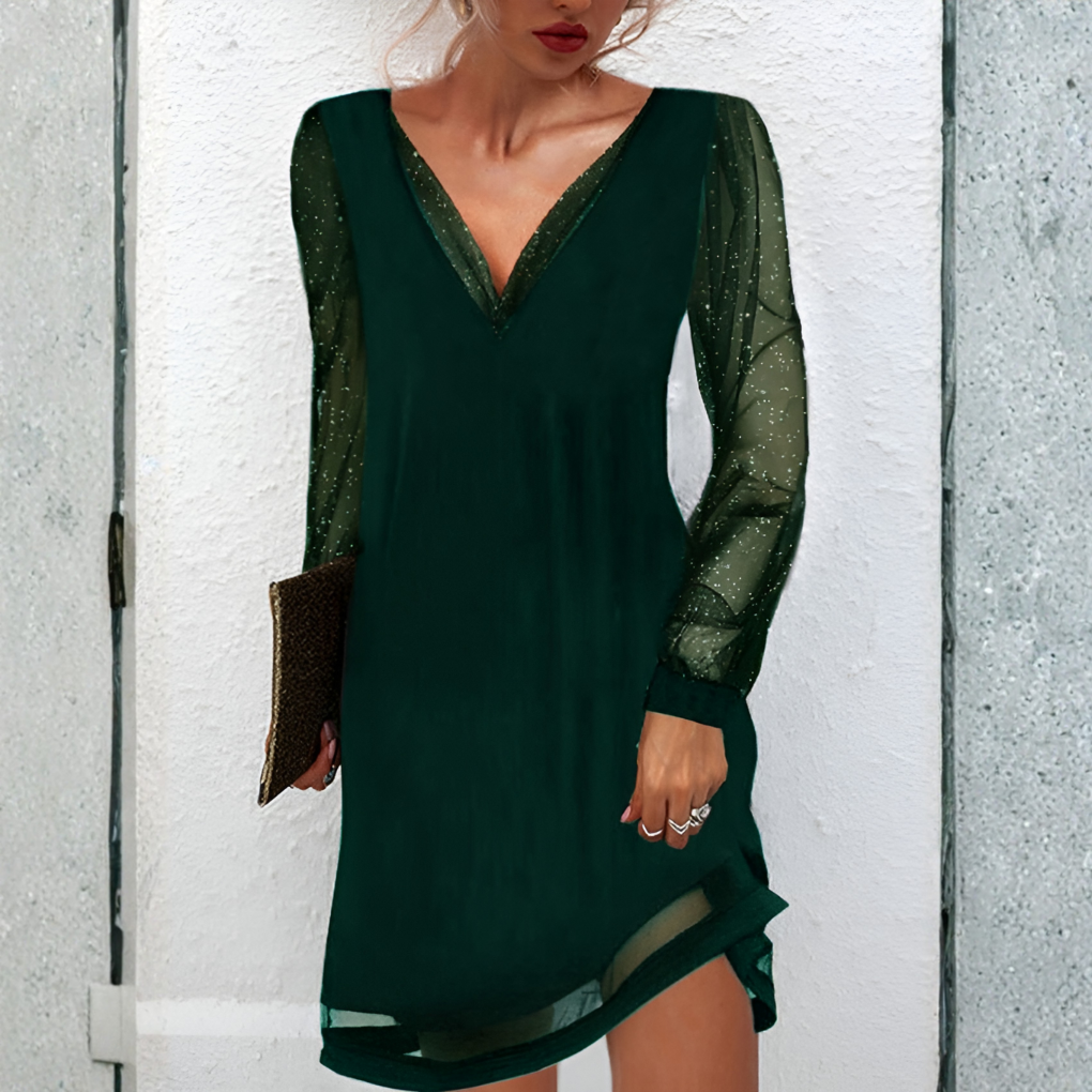 Women's Midi Dress in Mesh with Sheer Sleeves and V Neck