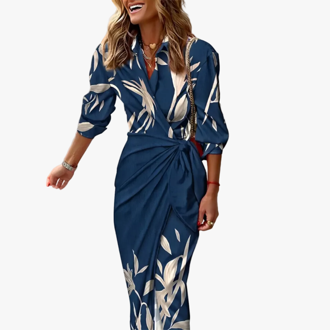 Women's Midi Dress in Polyester with Wrap Front and Waist Tie