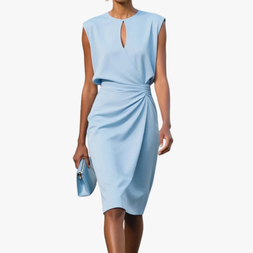 Women's Midi Dress in Woven Material with Keyhole Neck and Side Ruching