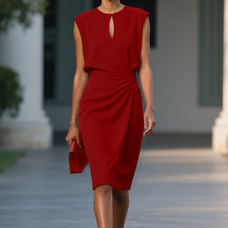 Women's Midi Dress in Woven Material with Keyhole Neck and Side Ruching