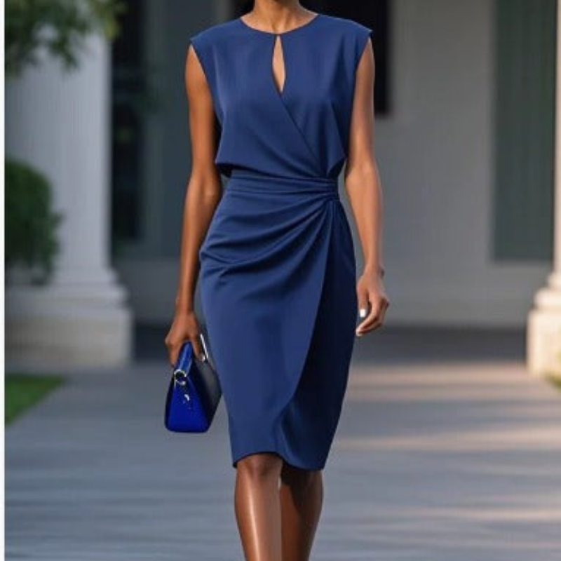 Women's Midi Dress in Woven Material with Keyhole Neck and Side Ruching