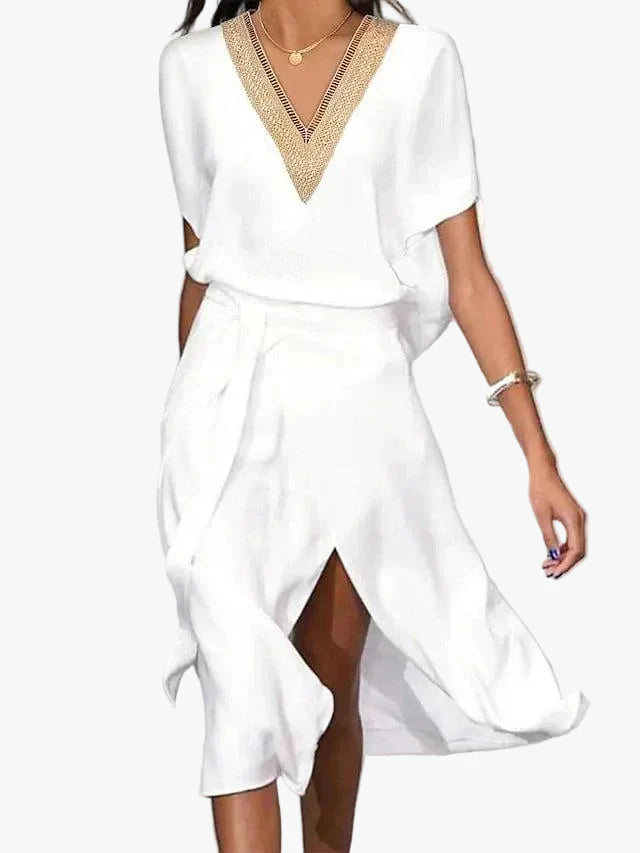 Women's Midi Dress in Woven Material with V Neck and Tie Belt