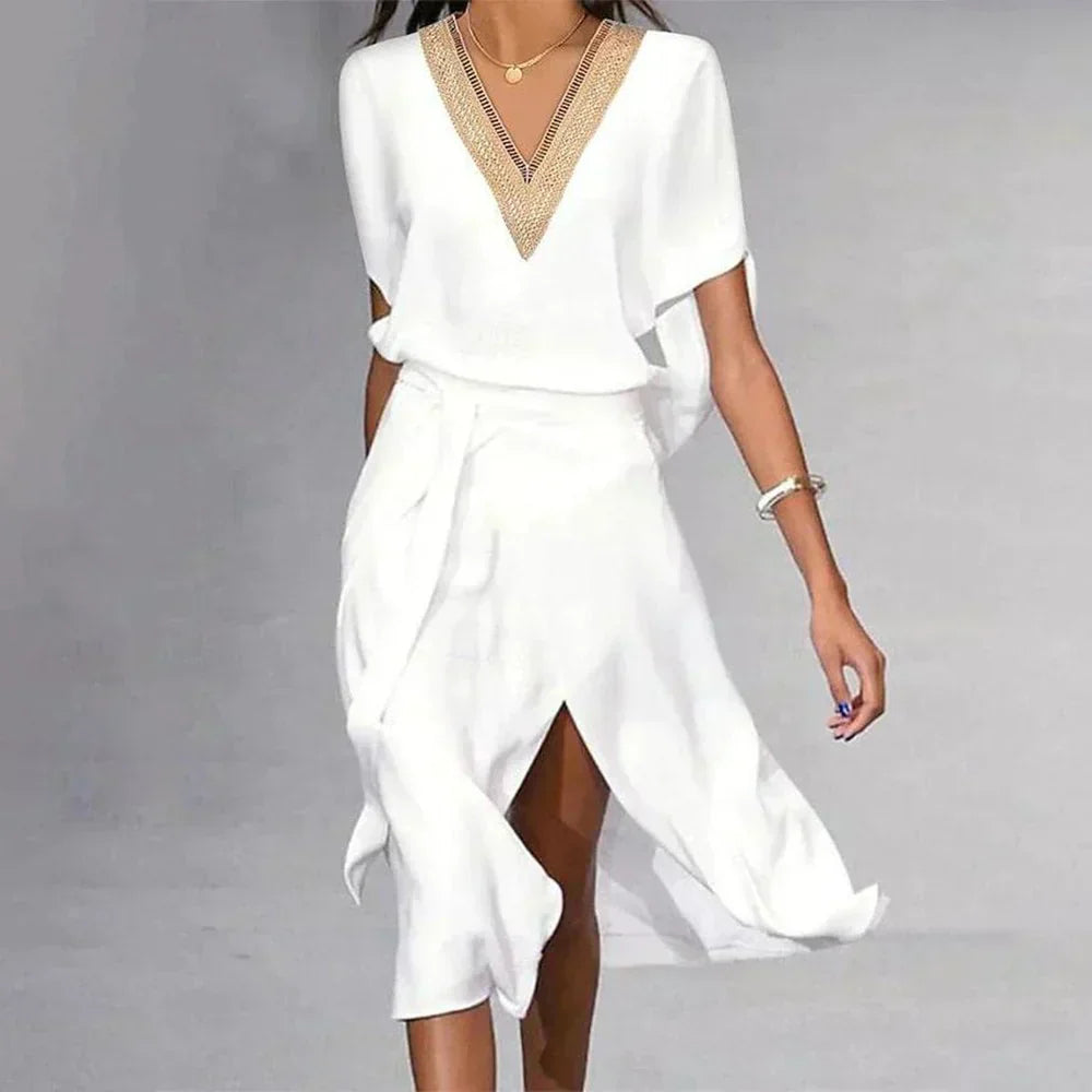 Women's Midi Dress in Woven Material with V Neck and Tie Belt