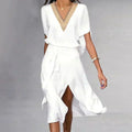 Women's Midi Dress in Woven Material with V Neck and Tie Belt