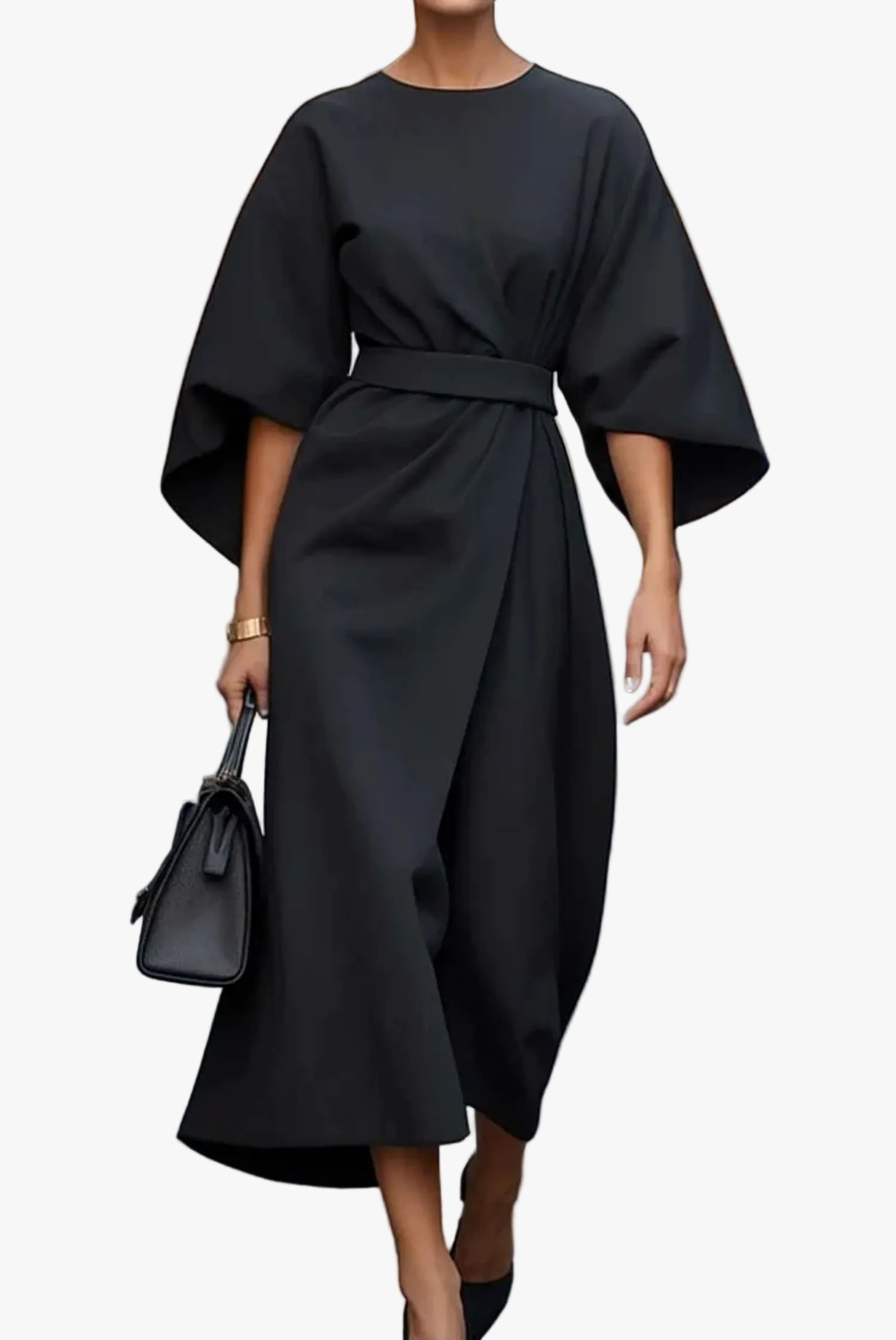 Women's Midi Dress in Woven Material with Waist Tie and Batwing Sleeves