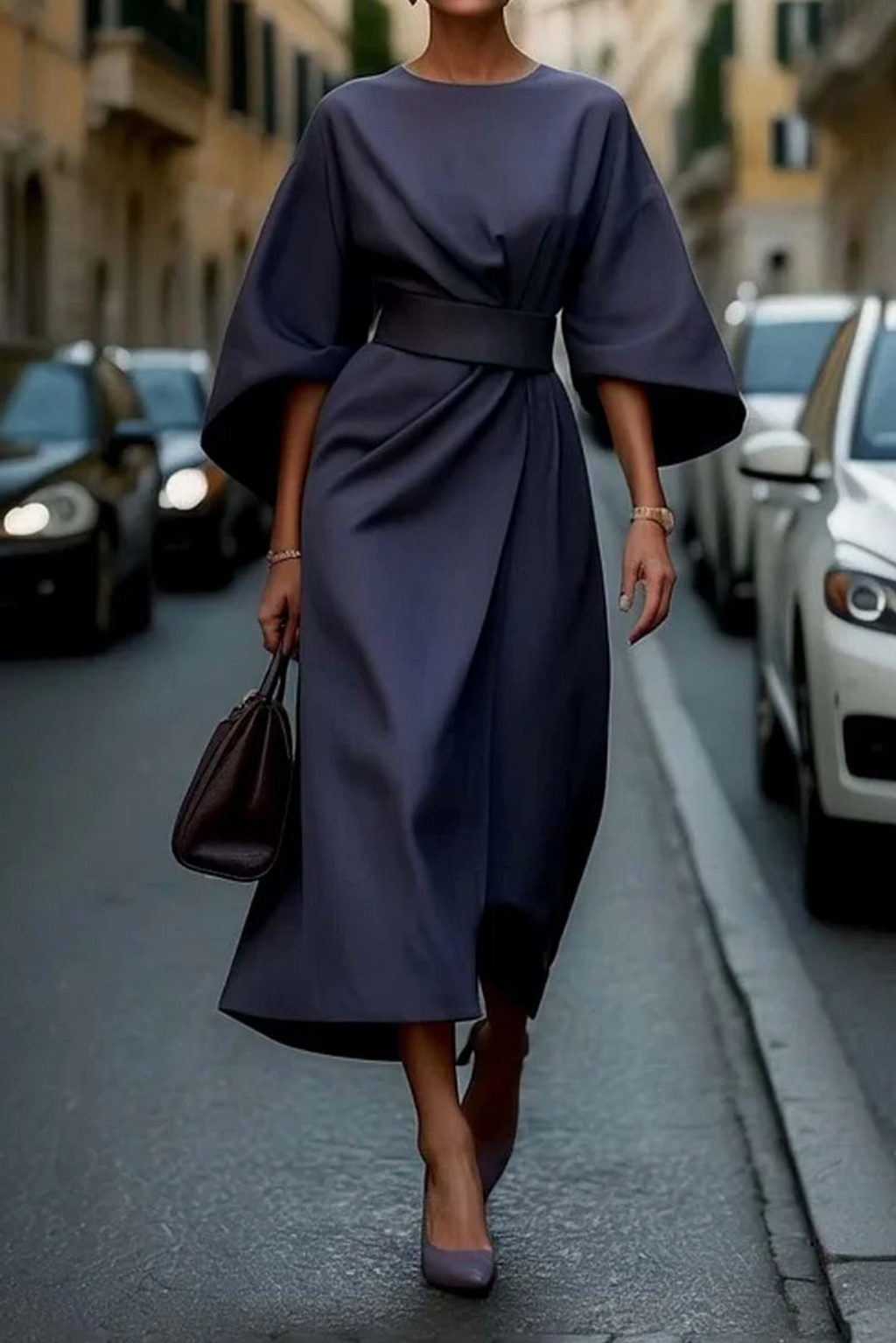 Women's Midi Dress in Woven Material with Waist Tie and Batwing Sleeves
