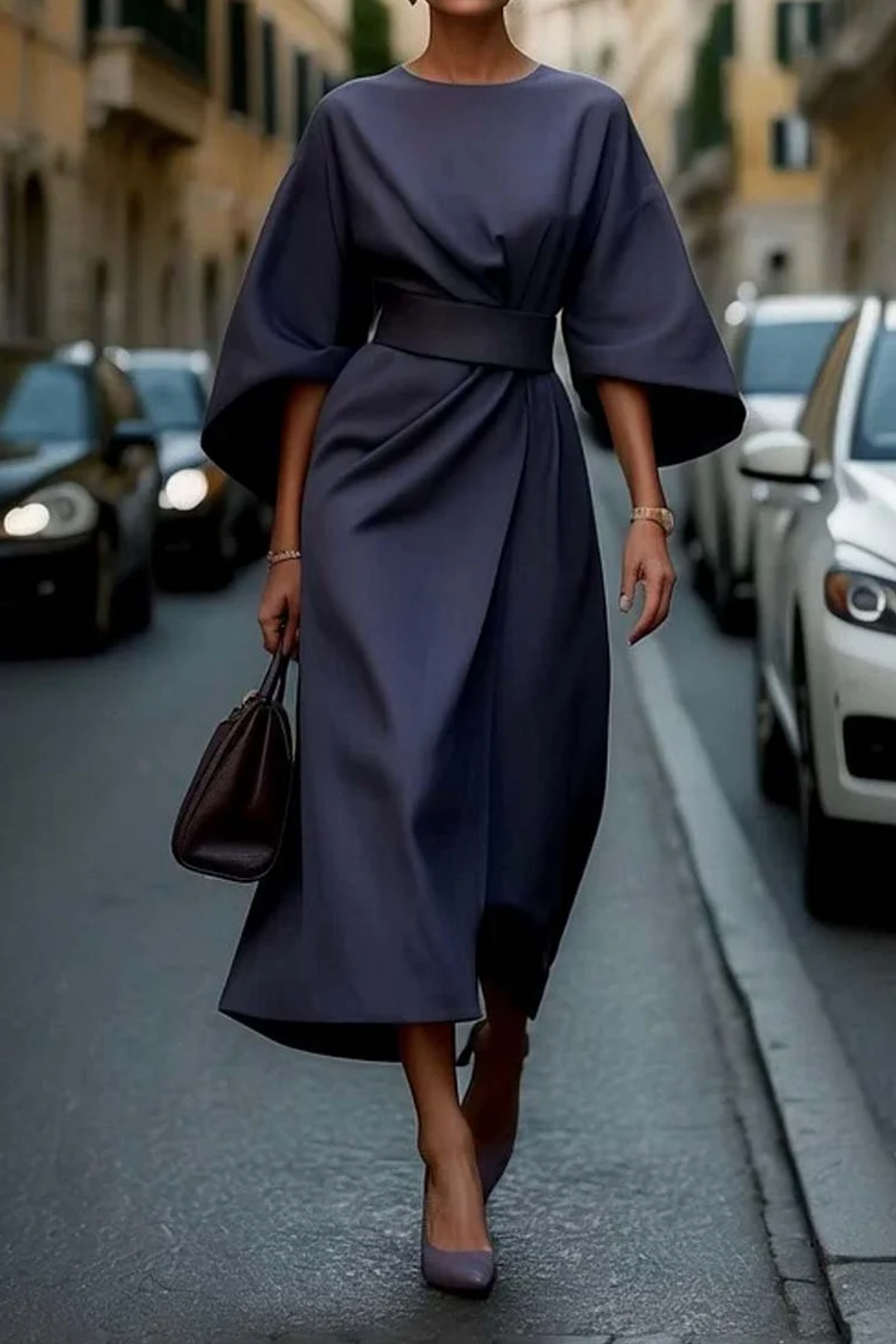 Women's Midi Dress in Woven Material with Waist Tie and Batwing Sleeves